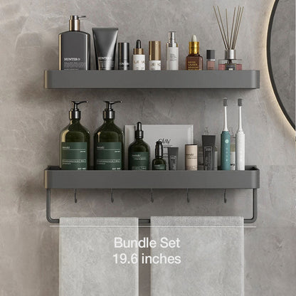 Adhesive Shower Caddy Organizer Gray Aluminum Wall Mount Storage Rack with Towel Bar 12 Inch Floating Shelf for Bathroom Toiletries Soap Sha