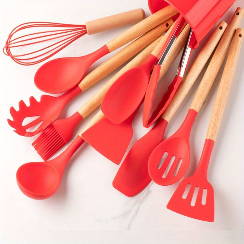 12-Piece Silicone Kitchen Utensil Set with Wooden Handles – Heat Resistant to 446°F, Dishwasher Safe, BPA-Free Cooking Tools