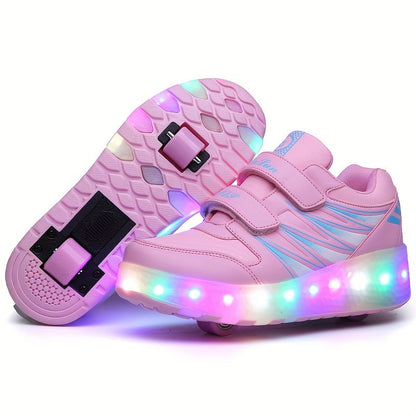 Kids Light-Up Wheeled Shoes with Removable Rollers LED Sneakers Hook-and-Loop Strap Pink Faux Leather for Boys Girls Active Play
