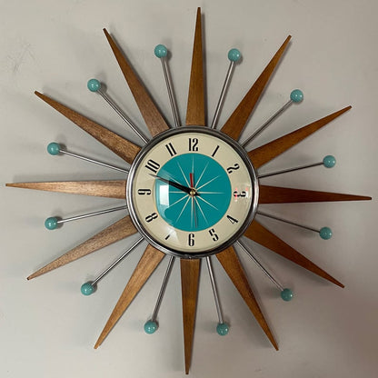 Handcrafted Sunburst Wall Clock Mid-Century Modern Design 16 Inch Silent Battery Operated Decorative Timepiece for Living Room Bedroom