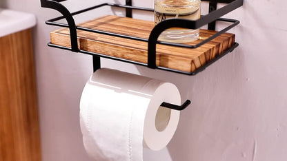 Metal & Wood Bathroom Tissue Dispenser Shelf 7.9 Inches Wall Mount Organizer Powder Room Storage Rack Home Essentials Holder for Small Space