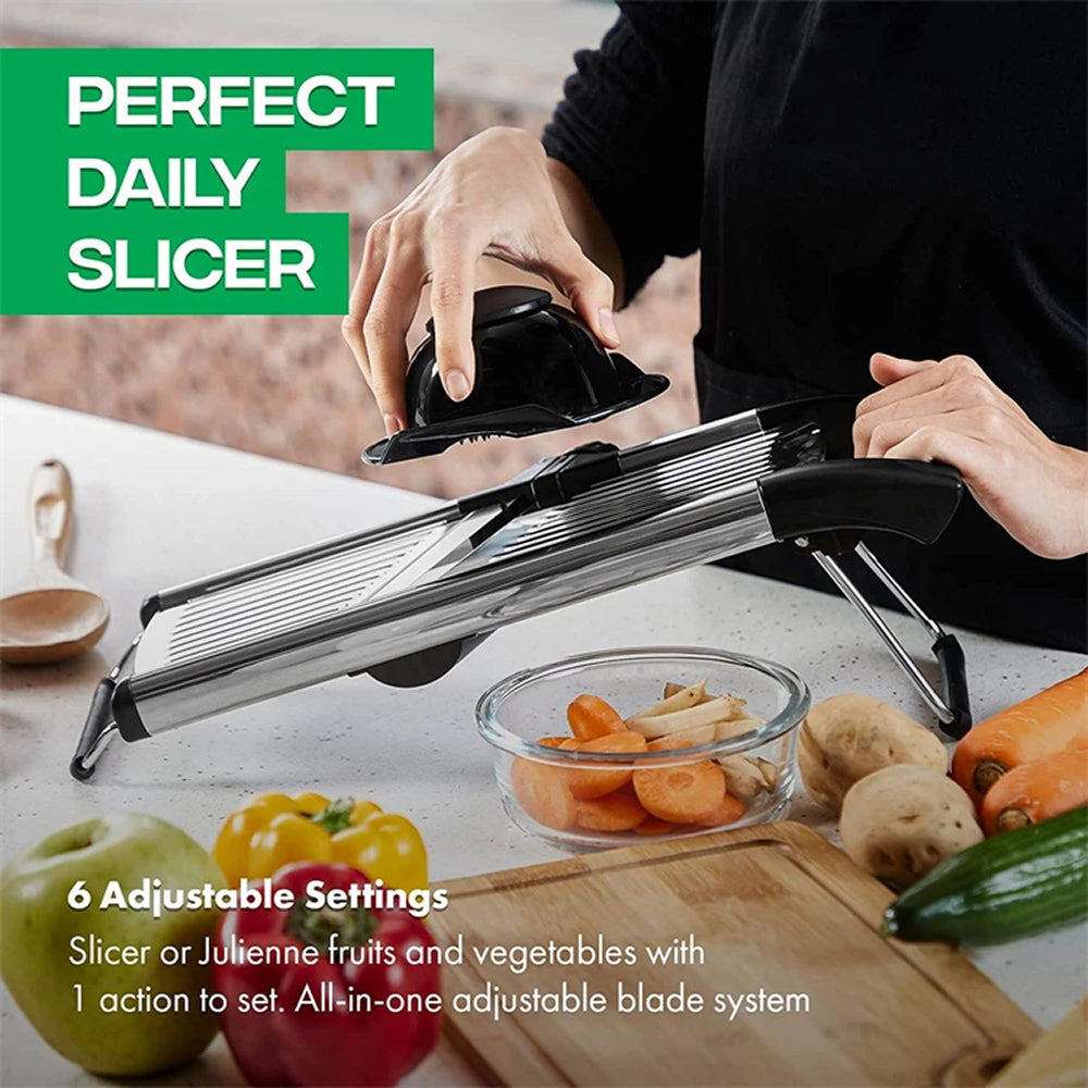 Adjustable Vegetable Slicer with 6 Thickness Settings & Safety Guard for Potatoes, Cucumbers, Carrots