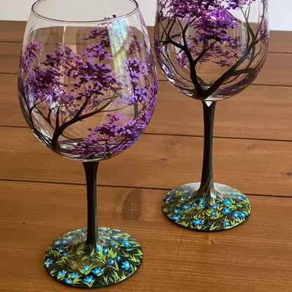 Hand-Painted Seasonal Tree Wine Glasses – Artisan Stemware with Four Seasons Design for Home & Gift