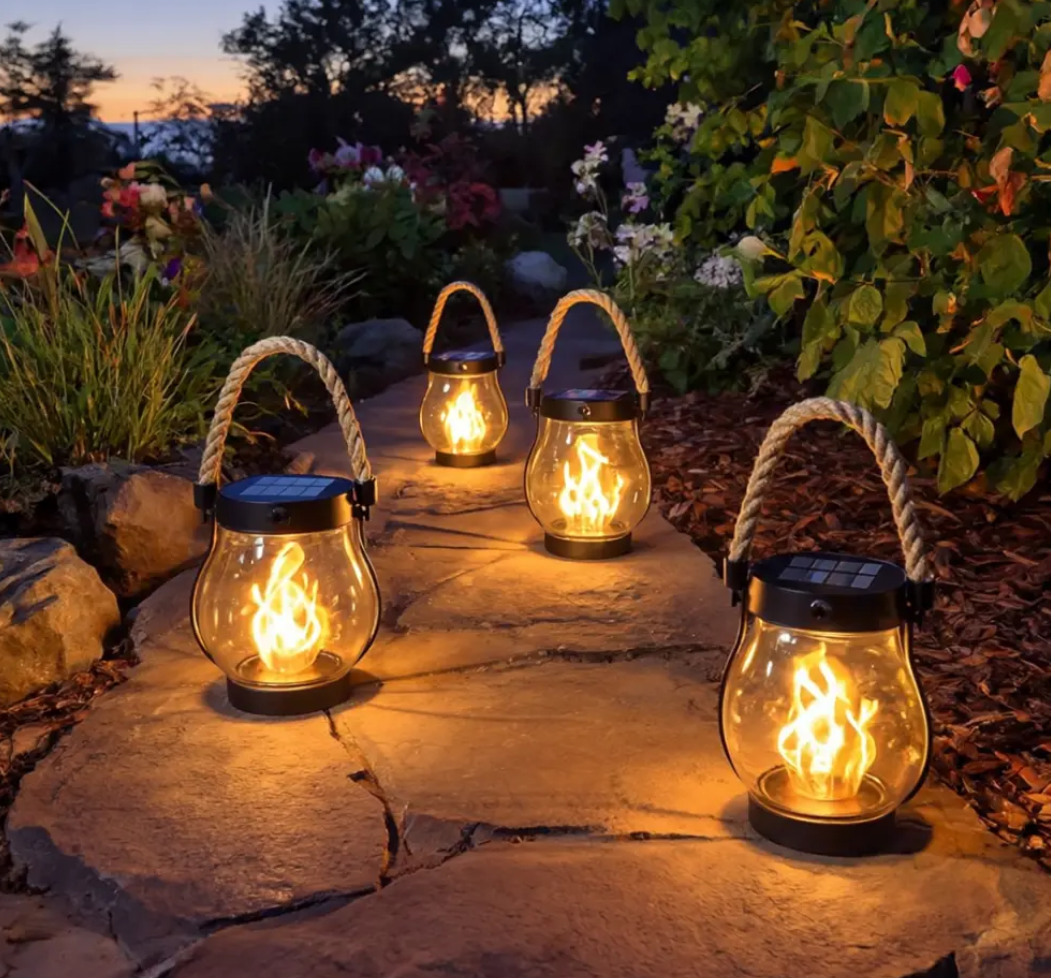 Rechargeable Flickering Flame Lantern for Outdoor Spaces — Cordless LED Pathway Light with Auto Dusk Sensor & Braided Handle for Patio, Deck