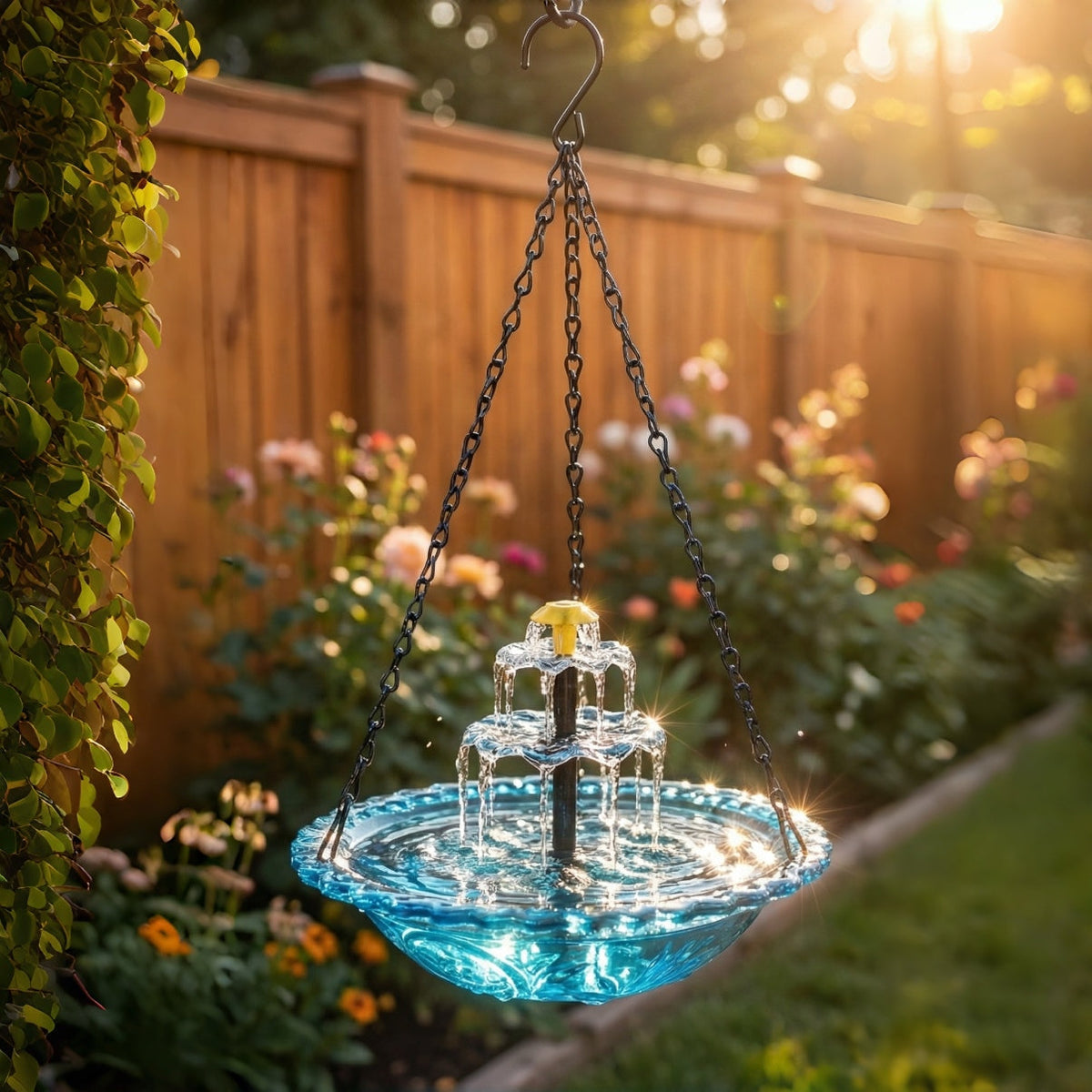 Hanging Solar Bird Bath Fountain Two-Tier Cordless Water Feature for Backyard Patio Deck Garden Outdoor Decor