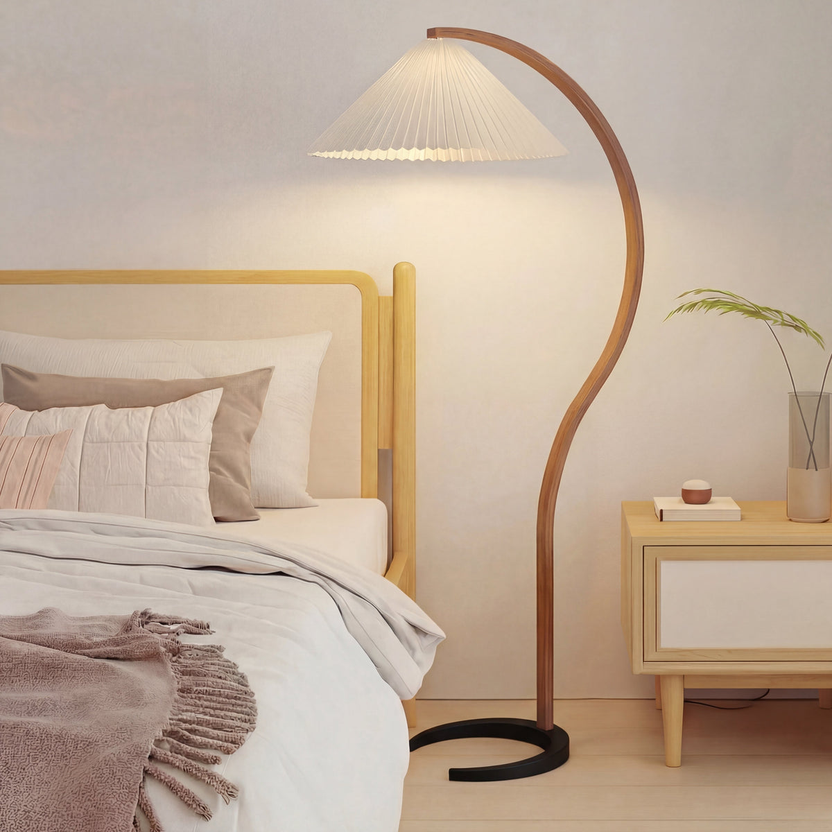 Arched Floor Lamp Sculptural Beechwood with Pleated Linen Shade Warm White LED Modern Scandinavian Living Room Bedroom Reading Light