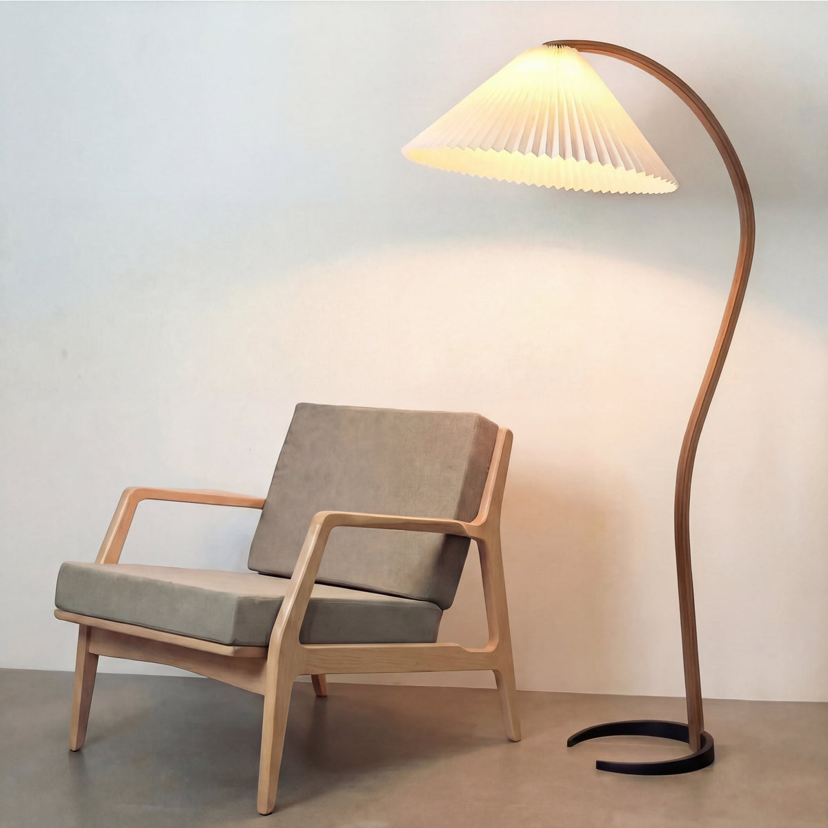 Arched Floor Lamp Sculptural Beechwood with Pleated Linen Shade Warm White LED Modern Scandinavian Living Room Bedroom Reading Light