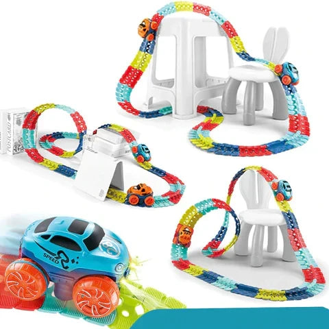 Bendable Snap-Together Car Track Set with Magnetic Vehicles for Kids Indoor Building and Racing Fun