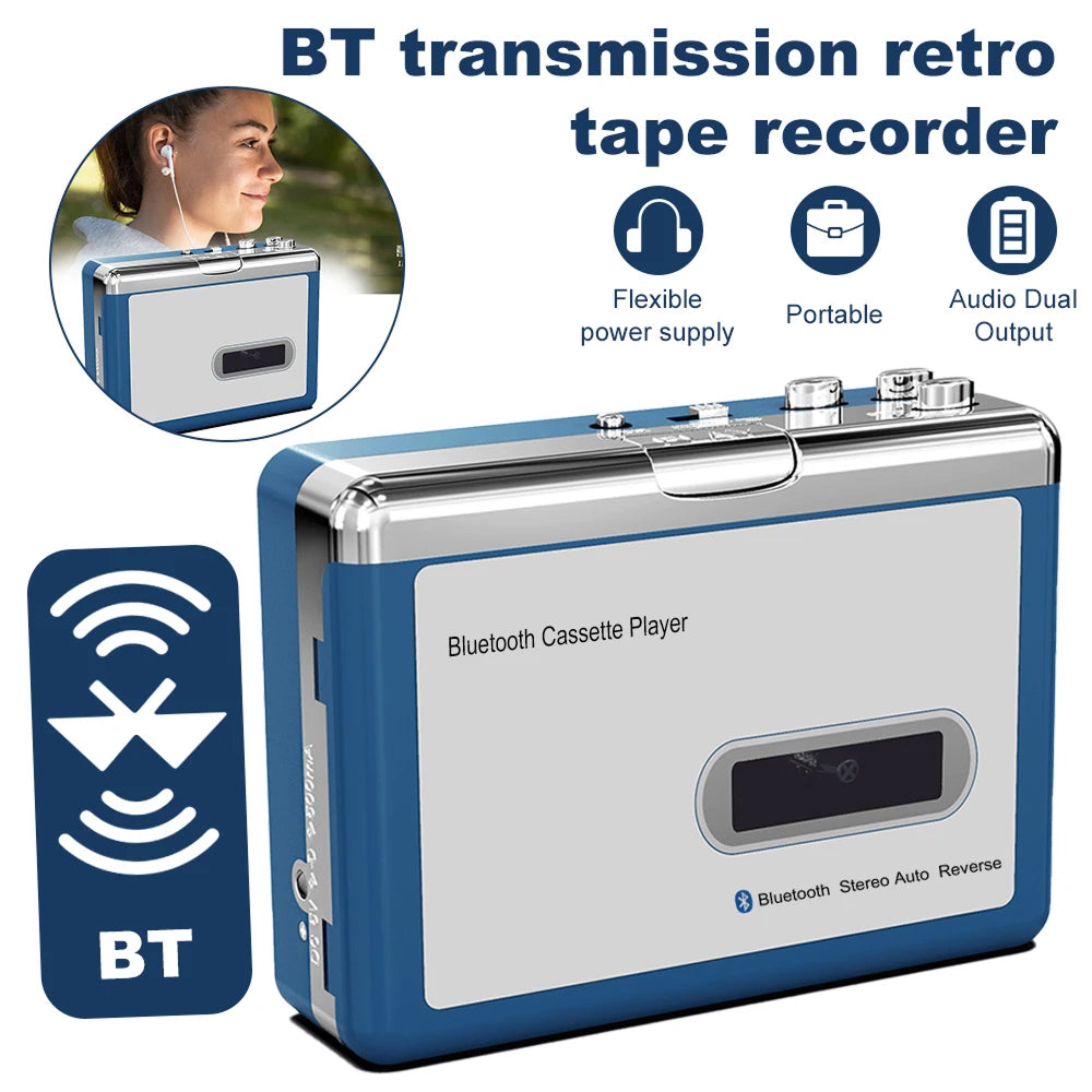 Portable Cassette Player with Bluetooth – Auto-Reverse Tape Deck with Wireless & Wired Playback for Retro Music Lovers