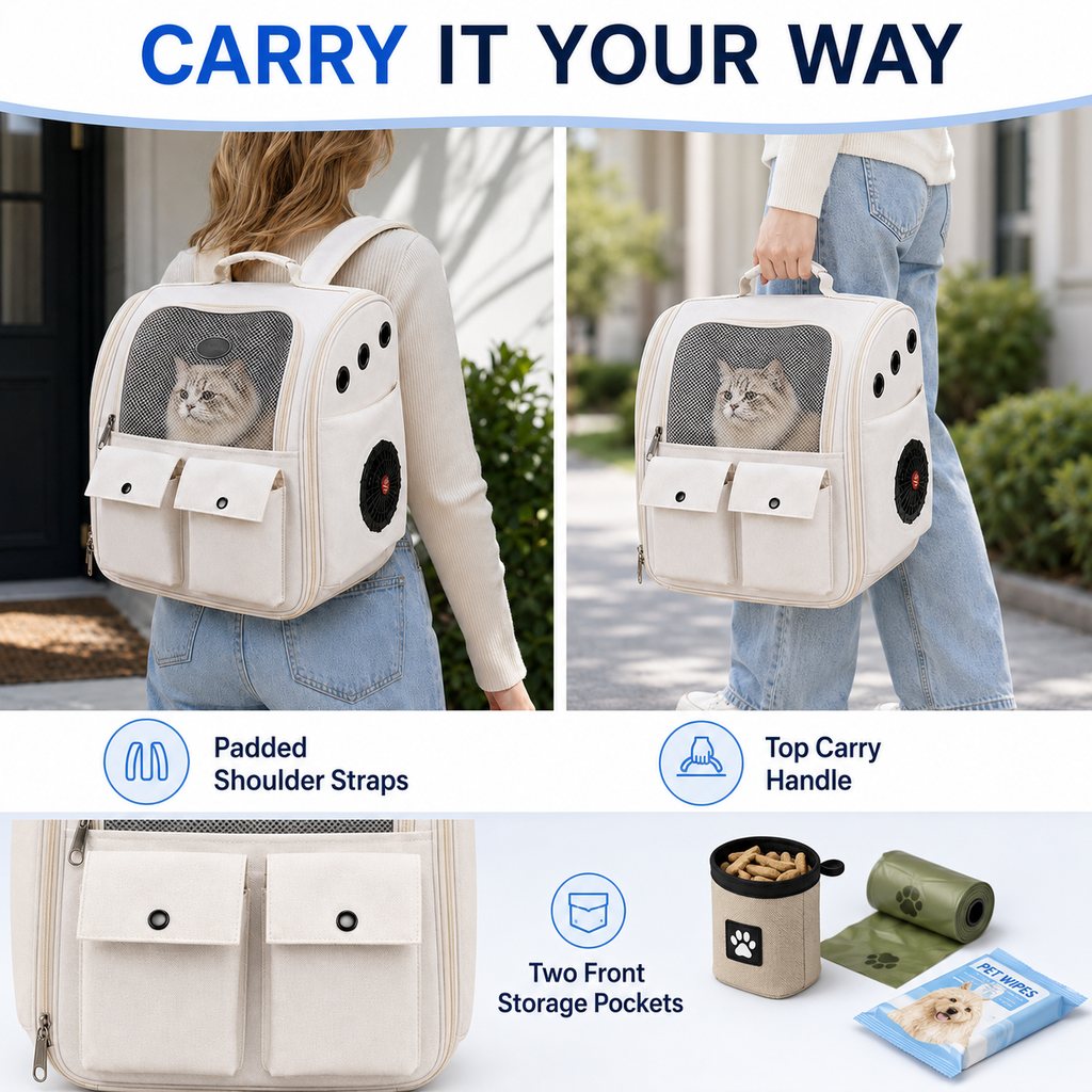 Ortekor USB-Powered Dual-Fan Cat Carrier Backpack for Vet Visits & Everyday Travel - Fan-Assisted Cooling for Less-Stuffy Trips