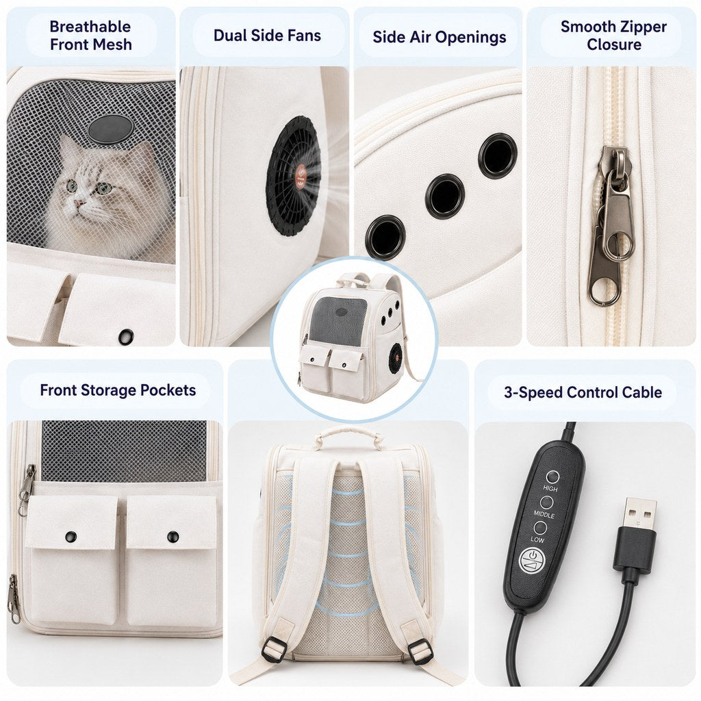 Ortekor USB-Powered Dual-Fan Cat Carrier Backpack for Vet Visits & Everyday Travel - Fan-Assisted Cooling for Less-Stuffy Trips