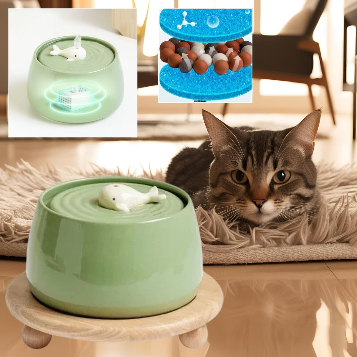 Ceramic Cat Water Fountain with Dual Filtration & Adjustable Flow | Fresh Hydration for Healthy Cats