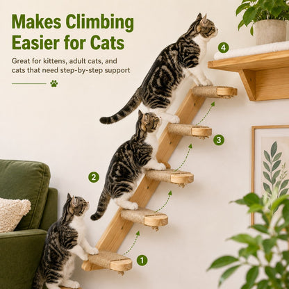 Ortekor Wall-Mounted Solid Wood Cat Steps for Shelves & Perches - Space-Saving Jute Climbing Ladder