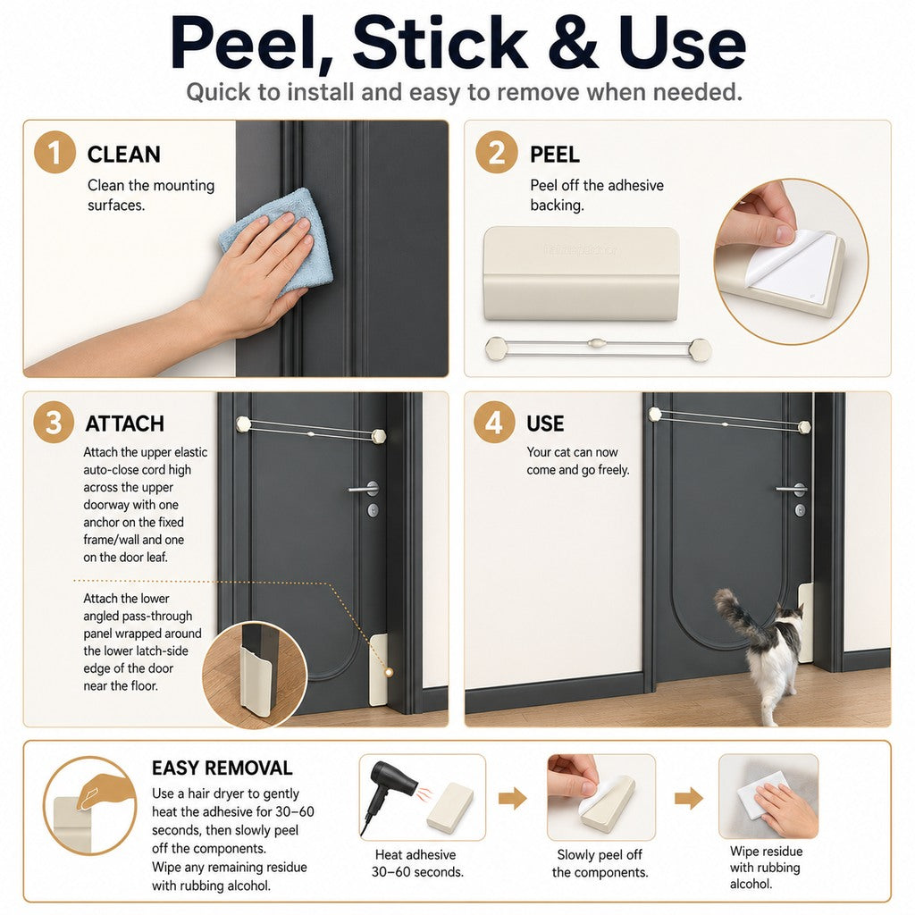 Ortekor No-Drill Cat Door Alternative for Litter Rooms & Bedrooms – Helps Cats Pass Through Without Leaving Doors Wide Open