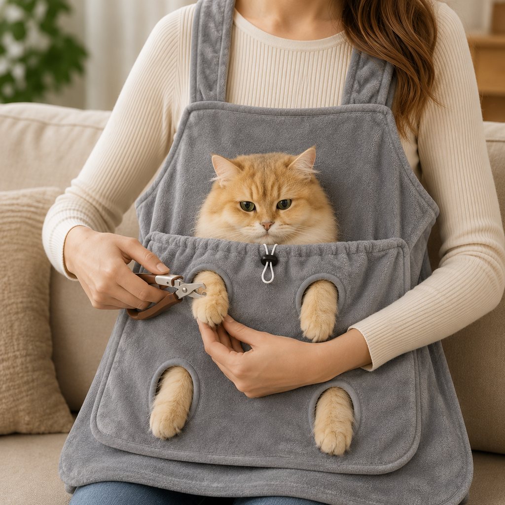 Ortekor Cat Grooming & Cuddle Apron – Wearable Plush Cat Pouch with 4-Paw Access for Easier Nail Trimming, Paw Care & At-Home Cuddling