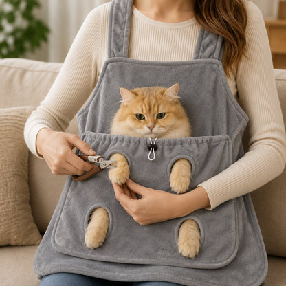 Ortekor Cat Grooming & Cuddle Apron – Wearable Plush Cat Pouch with 4-Paw Access for Easier Nail Trimming, Paw Care & At-Home Cuddling