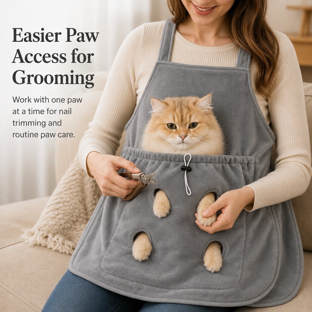 Ortekor Cat Grooming & Cuddle Apron – Wearable Plush Cat Pouch with 4-Paw Access for Easier Nail Trimming, Paw Care & At-Home Cuddling