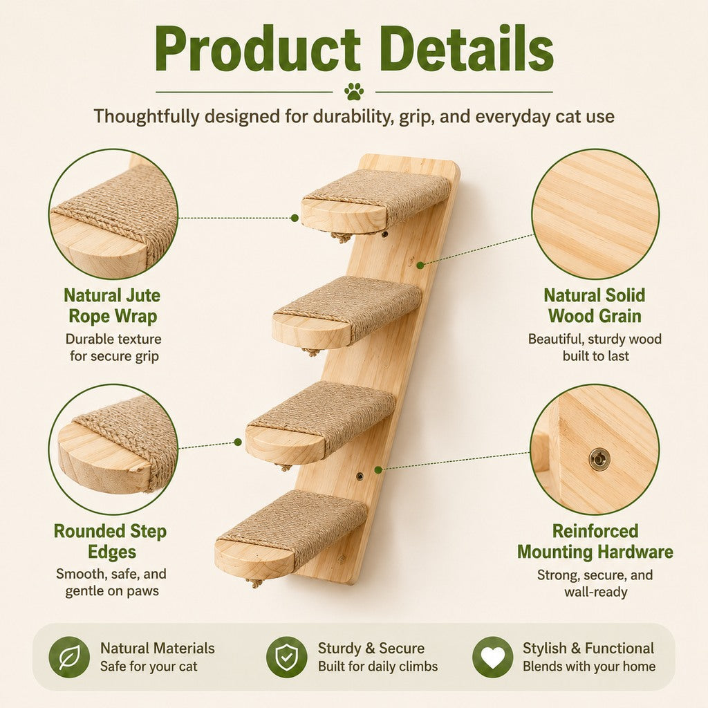 Ortekor Wall-Mounted Solid Wood Cat Steps for Shelves & Perches - Space-Saving Jute Climbing Ladder