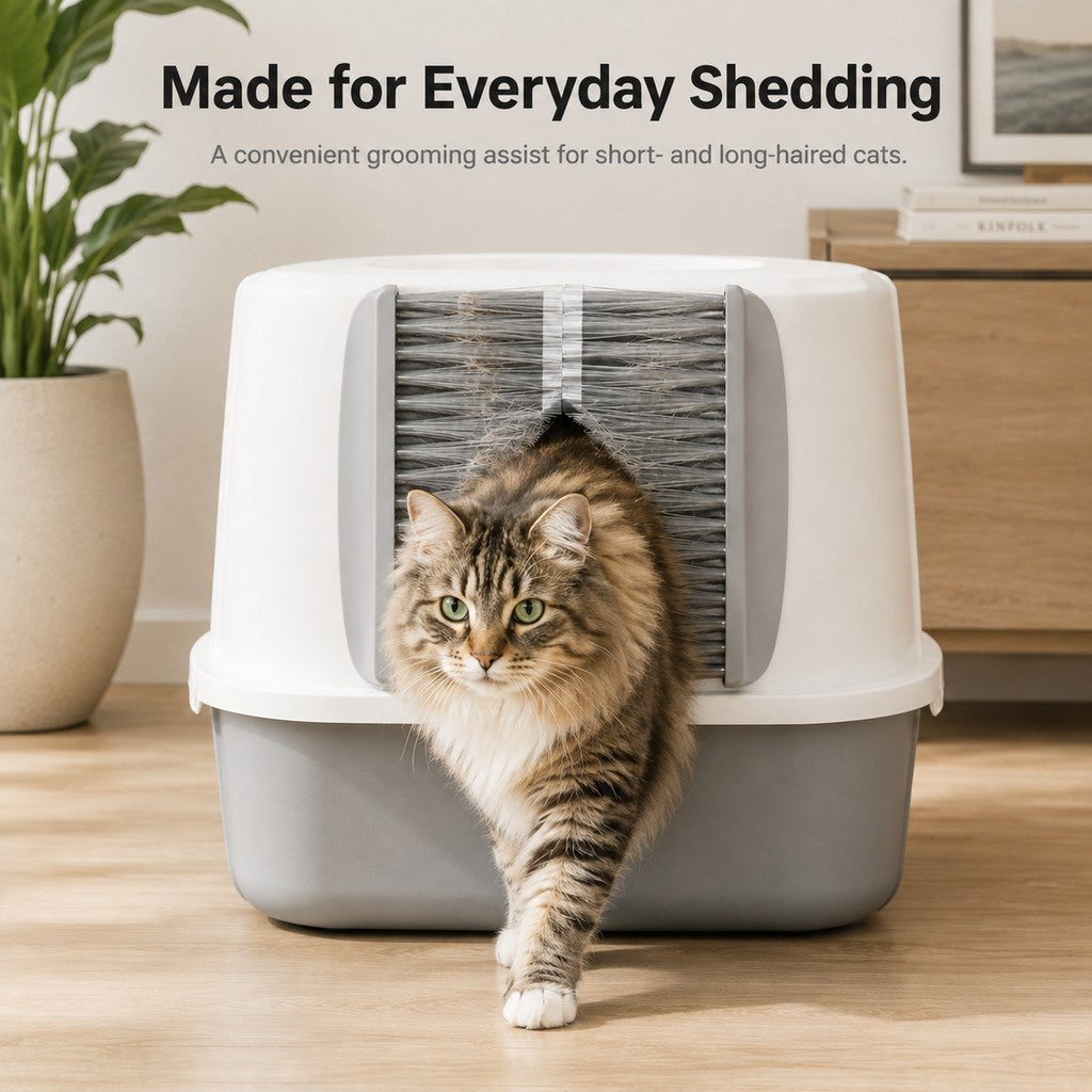 Ortekor Cat Litter Box Self-Grooming Brush Door – Automatic Loose Fur Catcher for Enclosed Litter Boxes & Cleaner Homes, 2-Piece Set