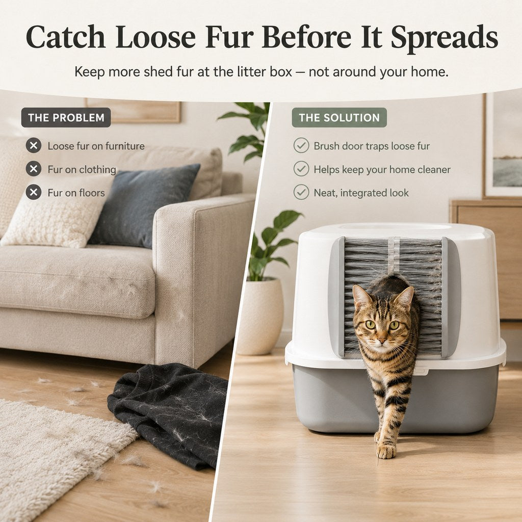 Ortekor Cat Litter Box Self-Grooming Brush Door – Automatic Loose Fur Catcher for Enclosed Litter Boxes & Cleaner Homes, 2-Piece Set