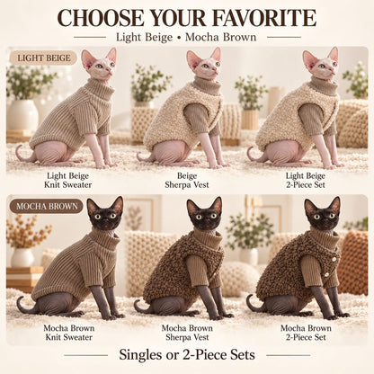 Ortekor Cozy Cat Turtleneck Sweater & Sherpa Vest Set - Cool-Weather Indoor Layers for Hairless & Short-Haired Cats