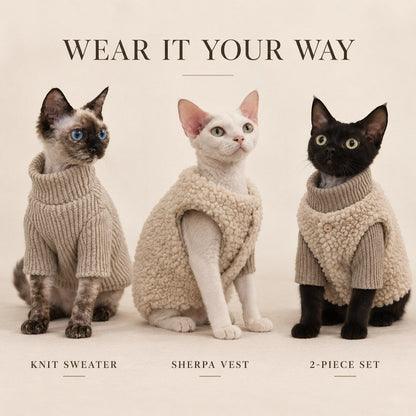 Ortekor Cozy Cat Turtleneck Sweater & Sherpa Vest Set - Cool-Weather Indoor Layers for Hairless & Short-Haired Cats