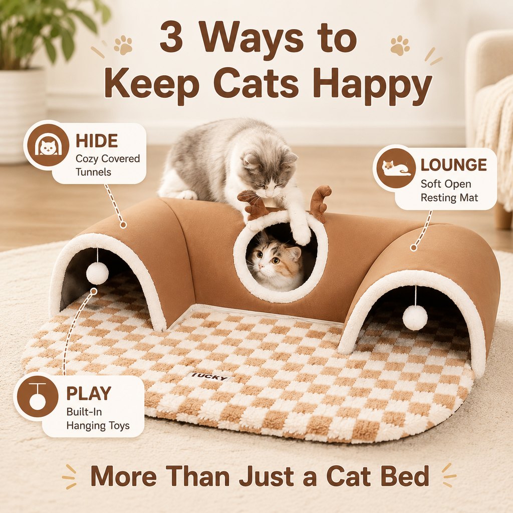 Ortekor 3-in-1 Multi-Cat Tunnel Bed & Play Mat for Indoor Cats - Spacious Cozy Hideaway for Shared Rest, Play & Less Bed Competition