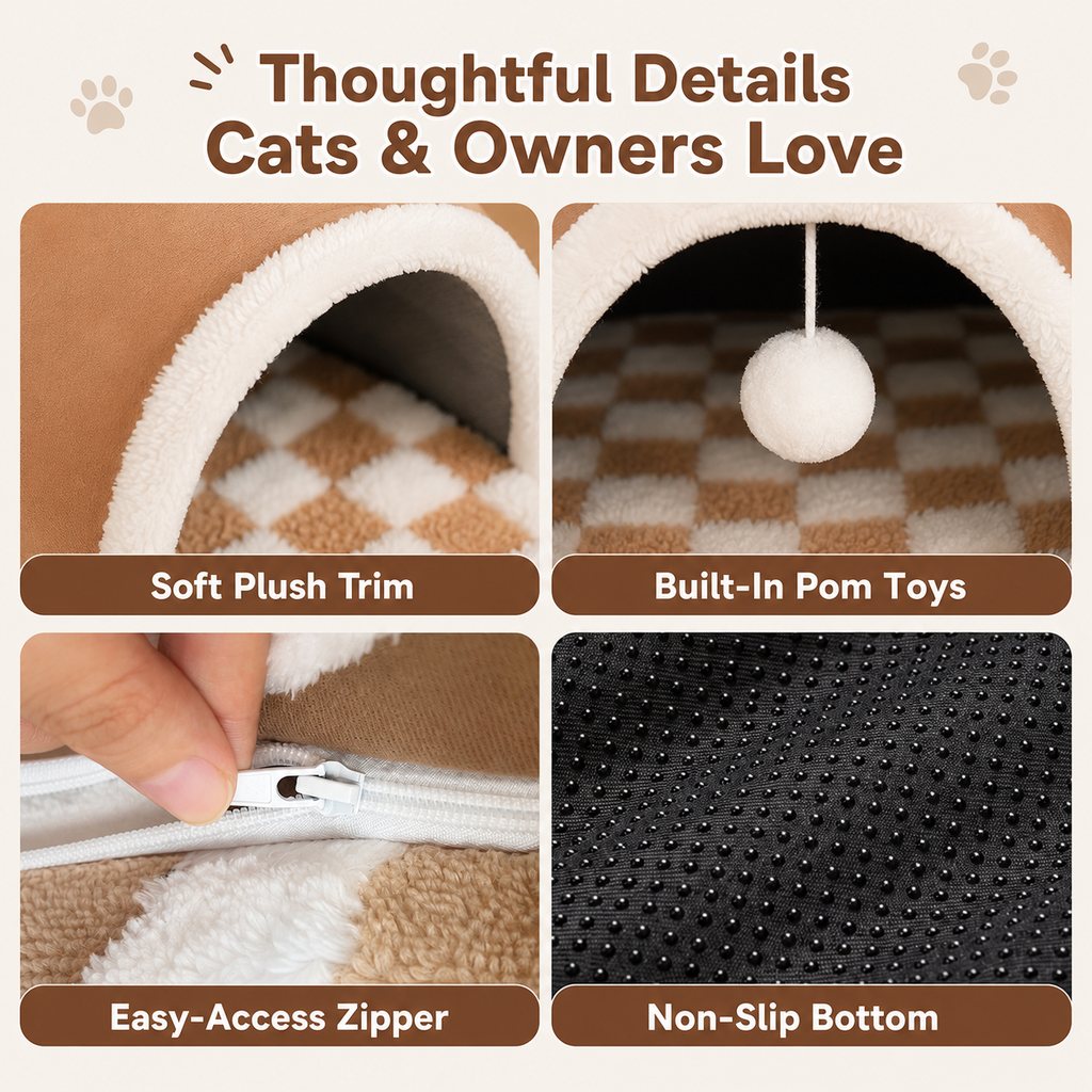 Ortekor 3-in-1 Multi-Cat Tunnel Bed & Play Mat for Indoor Cats - Spacious Cozy Hideaway for Shared Rest, Play & Less Bed Competition