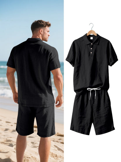 Men's Short-Sleeve Polo & Shorts Linen Set Summer Two-Piece Outfit Lightweight Breathable Casual Wear for Warm Weather