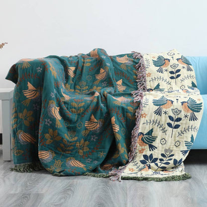 Reversible Cotton Throw Blanket with Woven Bird & Floral Pattern, Tasseled Edge for Couch, Sofa, Bed – Double-Sided Bohemian Home Accent