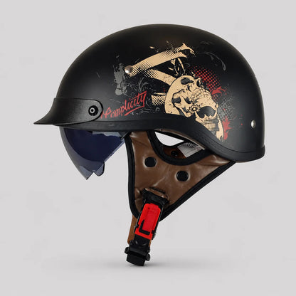 Skull-Graphic | Motorcycle Half Helmet with Retractable Visor | Lightweight Design for Bold Style