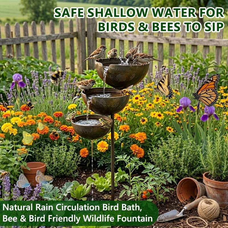 Tiered Metal Rain-Fed Bird Bath for Garden – Self-Filling Water Feature with Cascading Bowls