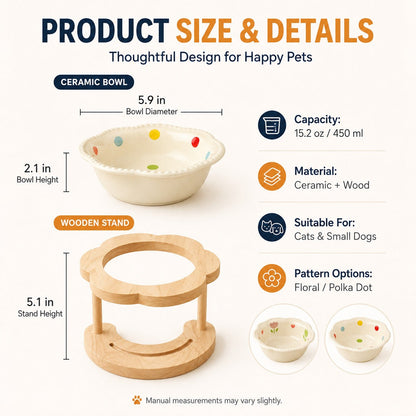 Ortekor Elevated Ceramic Pet Bowl with Wooden Stand for Cats & Small Dogs