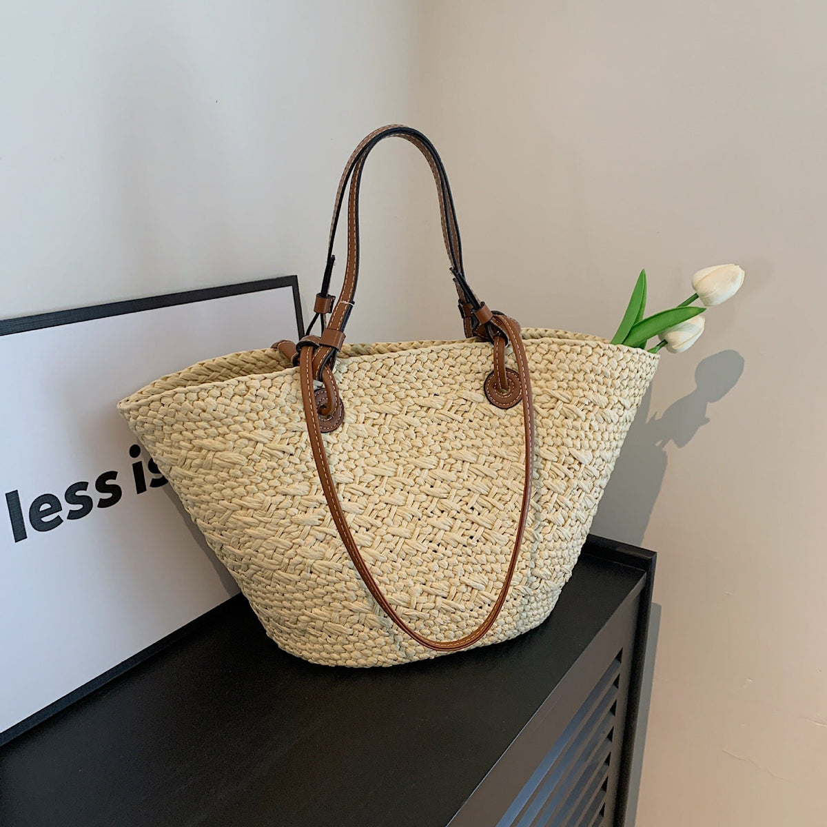 Woven Straw Summer Tote Bag with Spacious Interior for Beach, Travel & Everyday Use | Lightweight Natural Shoulder Bag