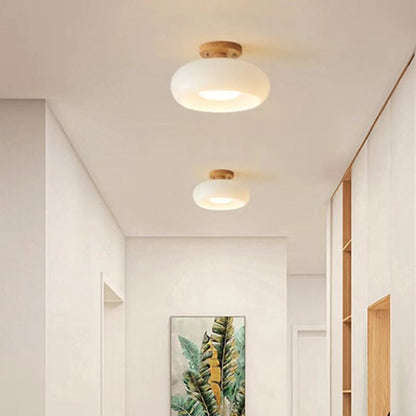 Recessed Wood Flush Mount Ceiling Light with Glass Shade for Living Room & Dining Room – Modern Indoor Lighting Fixture