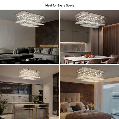 Tiered Glass Crystal Flush Mount Ceiling Light for Dining Room, Bedroom & Kitchen – Stainless Steel Frame, GU10 LED Compatible