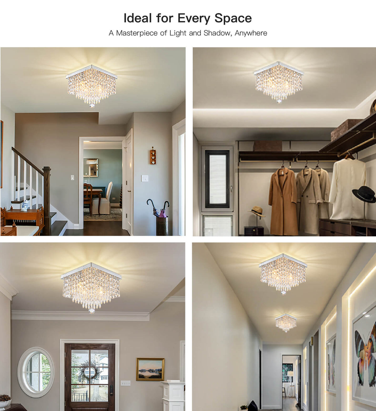 Crystal Flush Mount Ceiling Light 4-Light Chrome Finish for Hallway Bedroom Living Room Dining Room Kitchen Entry Contemporary Lighting
