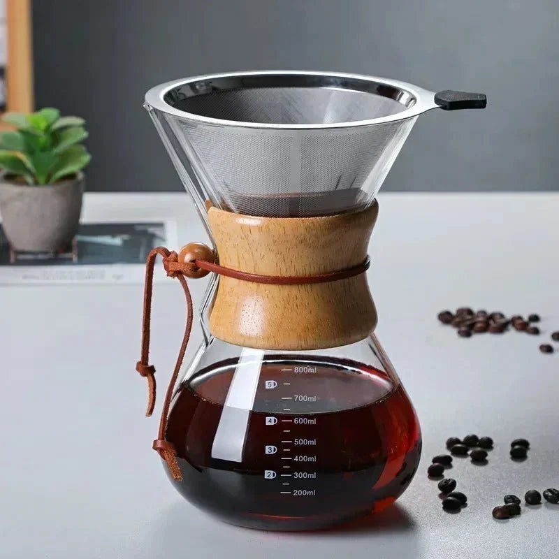 Pour-Over Coffee Maker Glass Carafe & Cone Dripper Brewing Set – Manual Single-Origin Filter Kit for Home Barista