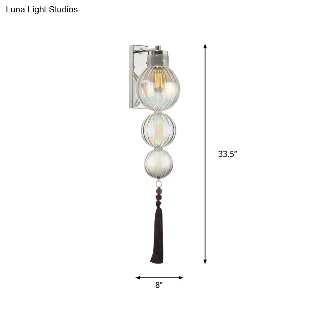 Round Glass Wall Sconce with Decorative Tassel | Asian-Inspired Globe Fixture | Chrome or Brass Finish for Living Room, Hallway, Bedroom