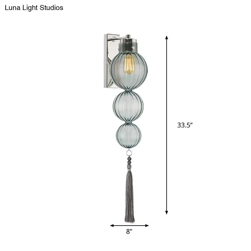 Round Glass Wall Sconce with Decorative Tassel | Asian-Inspired Globe Fixture | Chrome or Brass Finish for Living Room, Hallway, Bedroom