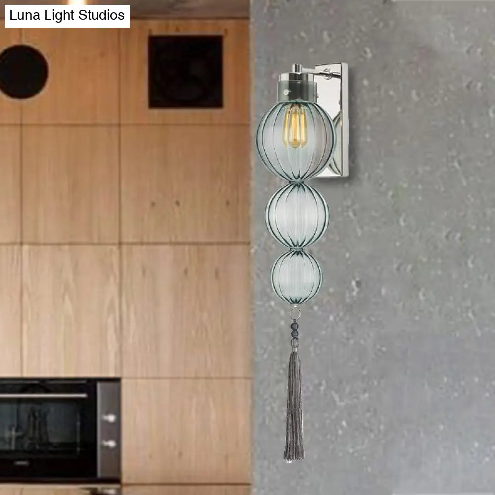 Round Glass Wall Sconce with Decorative Tassel | Asian-Inspired Globe Fixture | Chrome or Brass Finish for Living Room, Hallway, Bedroom
