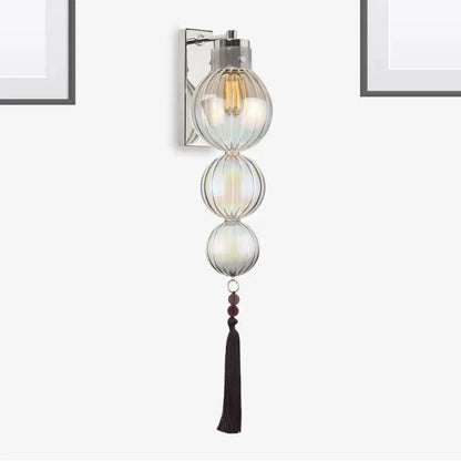 Round Glass Wall Sconce with Decorative Tassel | Asian-Inspired Globe Fixture | Chrome or Brass Finish for Living Room, Hallway, Bedroom