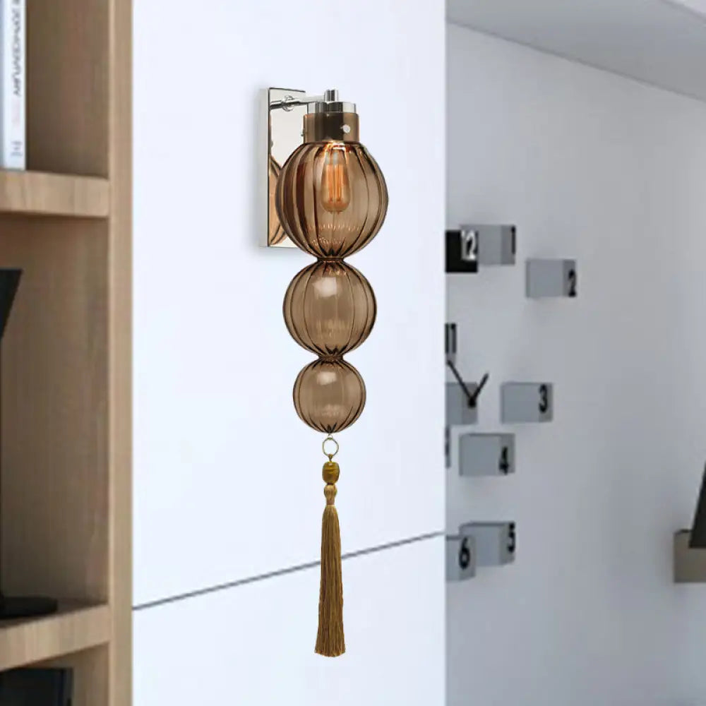 Round Glass Wall Sconce with Decorative Tassel | Asian-Inspired Globe Fixture | Chrome or Brass Finish for Living Room, Hallway, Bedroom
