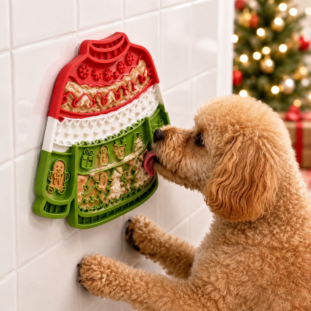 Ortekor Christmas Sweater Wall-Mount Pet Lick Mat for Dogs & Cats - Slow Feeding & Nail Trimming Distraction for Holiday Treat Time