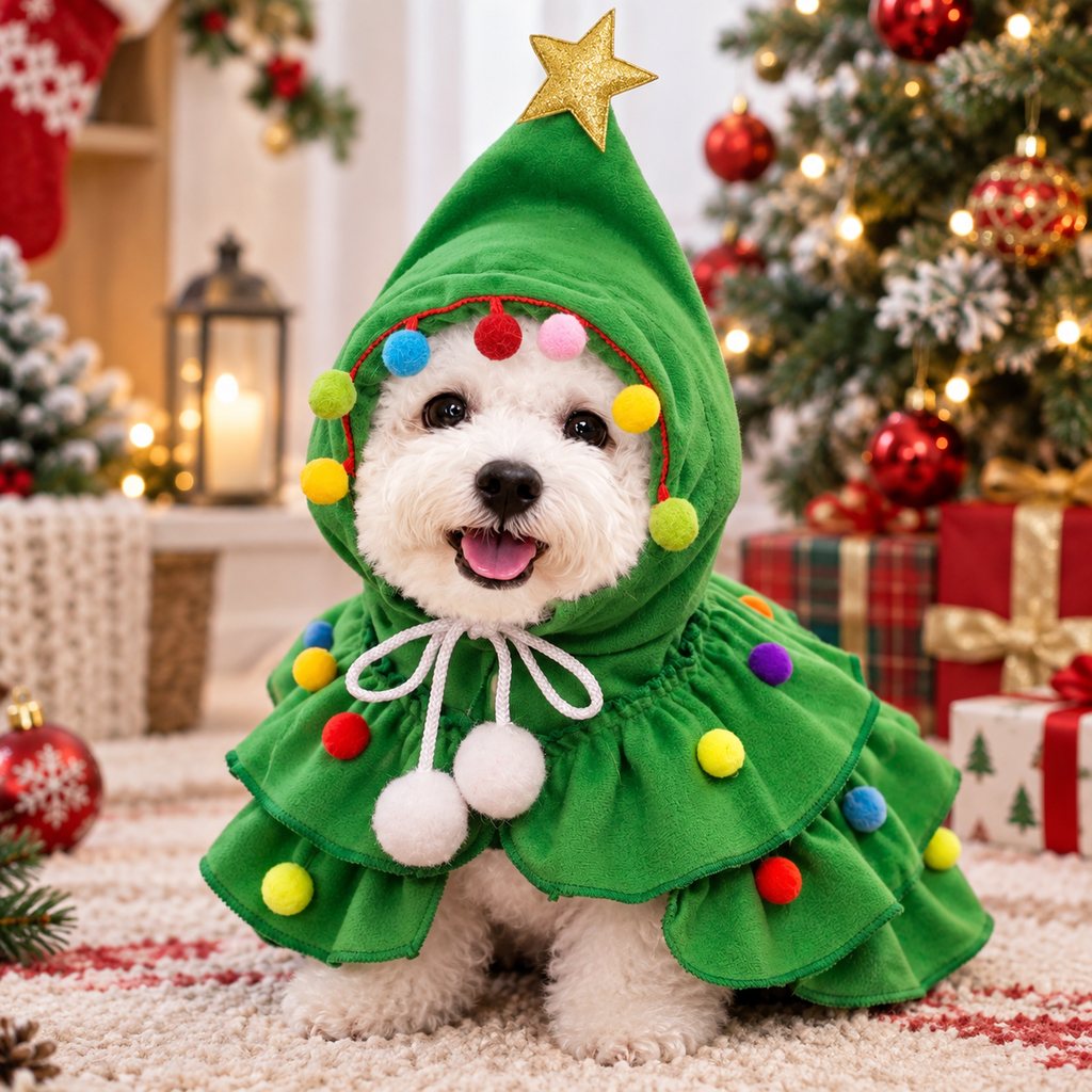 Ortekor Christmas Tree Pet Cape for Holiday Photos & Parties - Easy-Wear Costume for Small Dogs & Cats