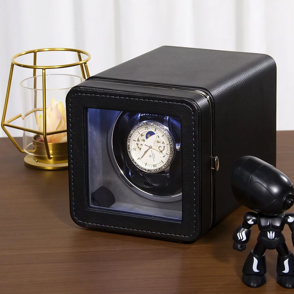 Single Watch Winder Case with 5 Rotation Modes, LED Display & Quiet Motor for Automatic Timepieces