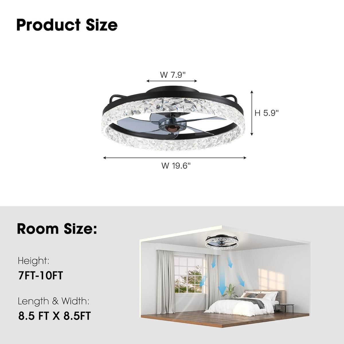 Dimmable LED Ceiling Fan with Light 20 Inch Black Iron 6-Speed Reversible Blades 3 Color Temperatures for Bedroom Living Room Dining Room Ki