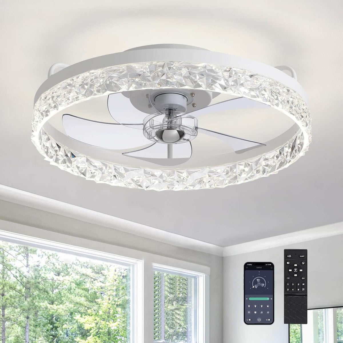 Low-Profile Flush Mount Ceiling Fan with Dimmable LED Light & Remote 20 Inch for Bedroom Living Room Kitchen Dining Reversible Blades 6 Spee
