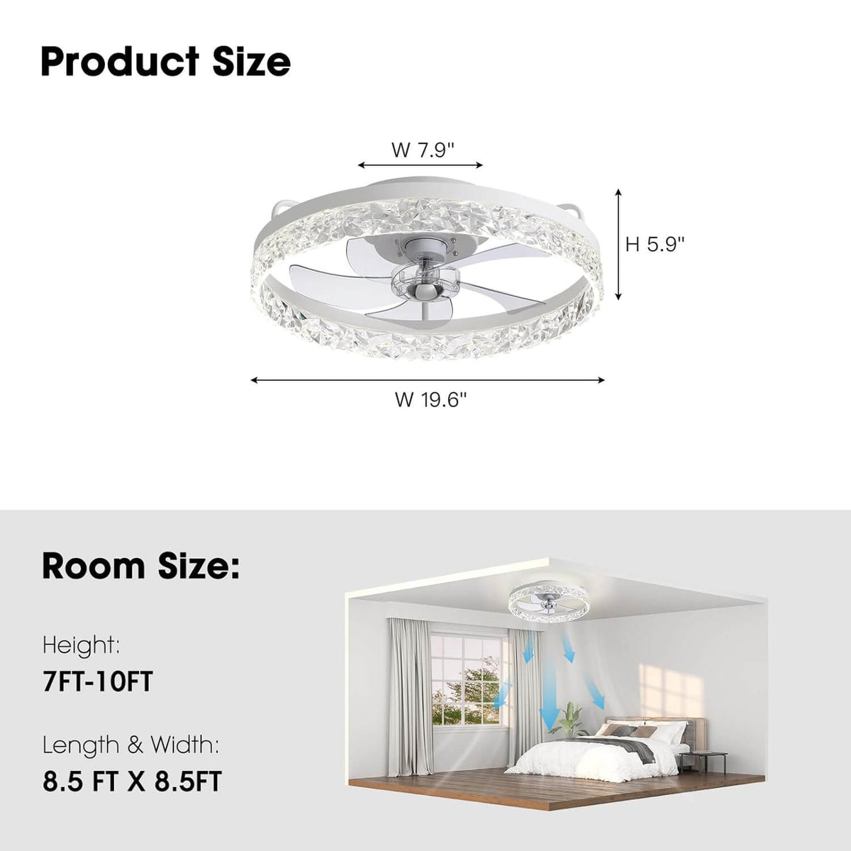 Dimmable LED Ceiling Fan with Light 20 Inch Black Iron 6-Speed Reversible Blades 3 Color Temperatures for Bedroom Living Room Dining Room Ki
