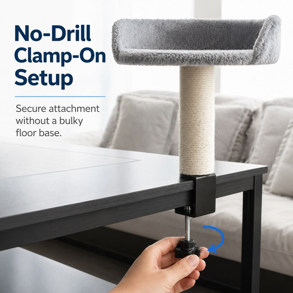 Ortekor Clamp-On Cat Perch for Home Office Desks - Space-Saving Cat Bed with Sisal Scratching Post